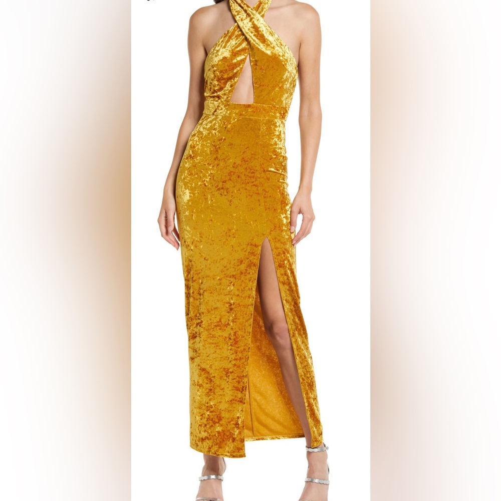 Lulu's Got to Flaunt Golden Yellow Velvet Crisscross Halter Maxi Dress